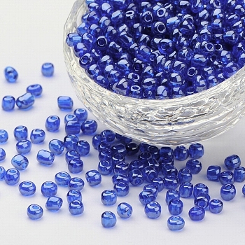(Repacking Service Available) Glass Seed Beads, Trans. Colours Lustered, Round, Blue, 6/0, 4mm, Hole: 1.5mm, about 12G/bag