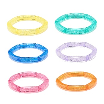 6Pcs 6 Color Jelly Color Acrylic Curved Tube Beaded Stretch Bracelets Set, Chunky Bracelets for Women, Mixed Color, Inner Diameter: 2-1/8 inch(5.3cm), 1Pc/color