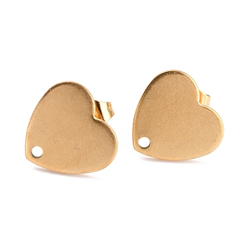Ion Plating(IP) 304 Stainless Steel Stud Earring Findings, with Ear Nuts/Earring Backs and Hole, Heart Shape, Golden, 12x13x1mm, Pin: 0.8mm