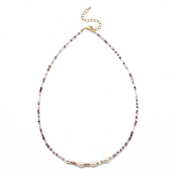 Beaded Necklaces, with Brass Beads, Glass Beads, Natural Pearl Beads and 304 Stainless Steel Lobster Claw Clasps, Golden, Plum, 17.91 inch(45.5cm)