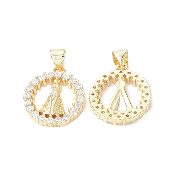 Eco-Friendly Rack Plating Brass Micro Pave Cubic Zirconia Pendants, Long-Lasting Plated, Lead Free & Cadmium Free, Ring with Goddess Charm, Real 18K Gold Plated, 19.5x16x3mm, Hole: 5x3.5mm