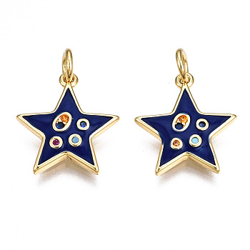 Brass Micro Pave Cubic Zirconia Enamel Charms, with Jump Rings, Nickel Free, Star, Real 16K Gold Plated, Dark Blue, 15x13.5x2mm, Jump Ring: 5x0.8mm, 3mm inner diameter