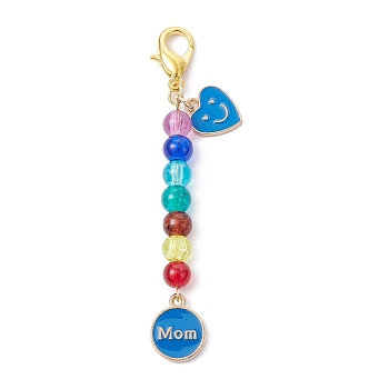 Mother's Day Flat Round with Word Mom & Heart Alloy Enamel Pendant Decorations, Glass Beads and Lobster Claw Clasps Charm, Dodger Blue, 76mm