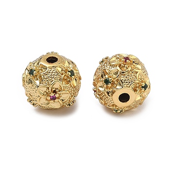 Brass Micro Pave Cubic Zirconia Beads, Round with Flower Pattern, Cadmium Free & Lead Free, Rack Plating, Real 18K Gold Plated, 10.5x10mm, Hole: 1.8mm