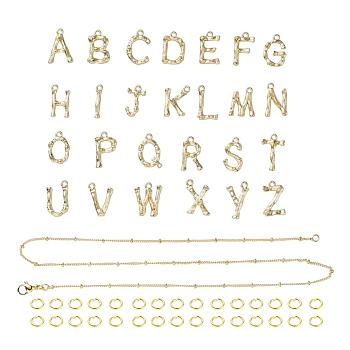 26Pcs A~Z Alphabet Necklaces Making Kits, Including 1pc Brass Curb Chain, Letter Alloy Pendants and 304 Stainless Steel Jump Rings, Golden, Necklace: 1pc