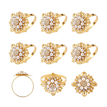 Zinc Alloy Napkin Rings, with Rhinestone and Resin Pearl, Napkin Holder Adornment, Restaurant Daily Accessiroes, Flower, Golden, 48x50mm, Hole: 48mm