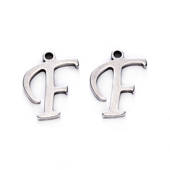 201 Stainless Steel Charms, Laser Cut, Stainless Steel Color, Letter.F, 12x10x1mm, Hole: 1mm