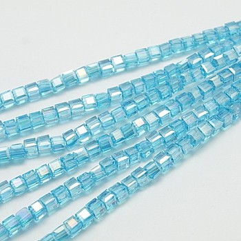 Electroplate Glass Beads Strands, AB Color Plated, Faceted, Cube, Sky Blue, 7~8x7~8x7~8mm, Hole: 1.5mm, about 97~100pcs/strand, 70~71cm
