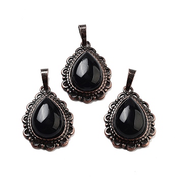 Natural Obsidian Teardrop Pendants, Red Copper Tone Brass Charms, 28.5x20.5x7mm, Hole: 8x5mm