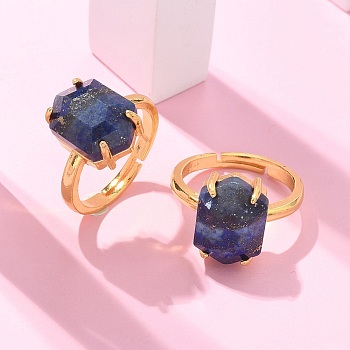 Hexagon Natural Lapis Lazuli Finger Rings, Golden Tone Brass Cuff Rings, Rack Plating, Long-Lasting Plated, Lead Free & Cadmium Free, Hexagon: 10x14mm, Inner Diameter: 17mm