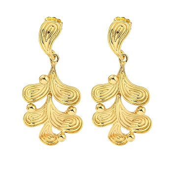 Leaf Shape Rack Plating Brass Dangle Stud Earrings, Long-Lasting Plated, Cadmium Free & Lead Free, Real 18K Gold Plated, 53.5x22.5mm