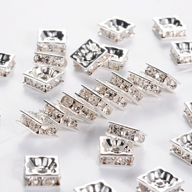 8mm Clear Square Brass + Rhinestone Spacer Beads