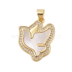 Brass Micro Pave Clear Cubic Zirconia Pendants, Cadmium Free & Lead Free, with Shell, Peace Dove, Real 18K Gold Plated, 23.5x18.5x3mm, Hole: 3.5x3mm(KK-I712-29G)