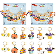 Halloween Theme Alloy Enamel Ghost/Dessert/Pumpkin House Charm Locking Stitch Markers, Golden Tone 304 Stainless Steel Clasp Stitch Marker, Mixed Color, 3.3~4cm, 12pcs/set(HJEW-PH01754)