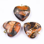 Assembled Bronzite and Imperial Jasper Pendants, with Iron Findings, Heart, Golden, 20~22x19~20x5~7mm, Hole: 2mm(X-G-T111-04F)
