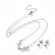304 Stainless Steel Jewelry Sets, Brass Micro Pave Cubic Zirconia Pendant Necklaces and 304 Stainless Steel Stud Earrings, with Ear Nuts/Earring Back, Twelve Constellations, Clear, Aquarius, 18.3 inch(46.5cm), 5.5x4mm, Pin: 0.8mm(X-SJEW-F211-01A-P)