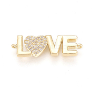 Brass Micro Pave Cubic Zirconia Links, Long-Lasting Plated, Lead Free & Cadmium Free & Nickel Free, Word Love, Clear, Real 18K Gold Plated, 9x27x2mm, Hole: 1.2mm(X-ZIRC-L078-030G-NR)