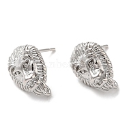 Brass Stud Earring Findings, with Vertical Loop, Lion, Real Platinum Plated, 12x9mm, Hole: 1.2mm, Pin: 0.7mm(KK-K333-68P)