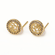 Brass Stud Earrings, with Clear Cubic Zirconia and Ear Nuts, Flat Round with Rose, Golden, 8.8mm, Pin: 0.9mm(EJEW-L247-01G)