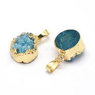 Flat Round Dyed Natural Druzy Agate Pendants, Druzy Trimmed Stone, with Golden Plated Brass Findings, Deep Sky Blue, 17x14x8~11mm, Hole: 5x8mm(G-F229-18C)