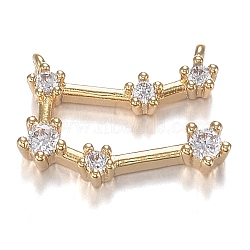Brass Micro Clear Cubic Zirconia Charms, Long-Lasting Plated, Real 18K Gold Plated, Constellations, Clear, Gemini, 10x14x2.5mm, Hole: 0.7mm(ZIRC-F120-019G-09)
