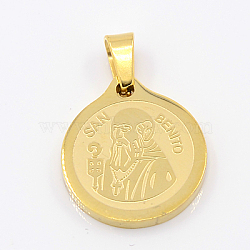 Fashionable 304 Stainless Steel Pendants, Flat Round with San Benito, Golden, 20x18x2mm, Hole: 3x5mm(STAS-J003A-02)