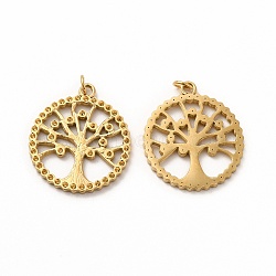 Ion Plating(IP) 304 Stainless Steel Pendant Rhinestone Settings, with Jump Ring, Tree of Life, Real 14K Gold Plated, Fit for Rhinestone: 0.9mm, 22.5x20x1.5mm, Hole: 3mm(STAS-E185-35G)
