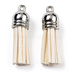 Faux Suede Tassel Pendant Decorations, with CCB Plastic Cord Ends, Platinum, Blanched Almond, 33~35x10mm, Hole: 2.5mm(FIND-R095-026P)