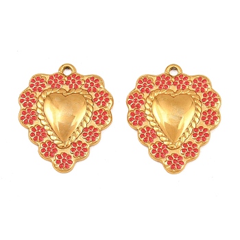304 Stainless Steel Enamel Pendants, Heart with Flower Charm, Real 18K Gold Plated, Ion Plating(IP), Long-Lasting Plated, Red, 22x18x2.5mm, Hole: 1.6mm