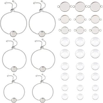 DIY Flat Round Bracelet Making Kits, Including 304 Stainless Steel Slider Bracelet Making & Cabochon Connector Settings, Glass Cabochons, Stainless Steel Color, 48Pcs/box