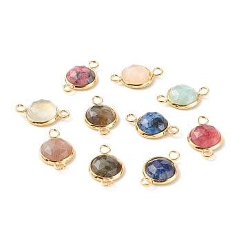 Natural Mixed Gemstone Links Connectors, with Golden 304 Stainless Steel Findings, Faceted, Flat Round, 19x12x4.5mm, Hole: 2.5mm