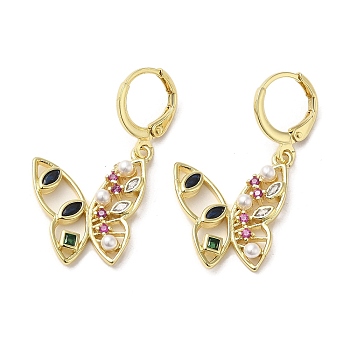 Butterfly Real Brass Dangle Leverback Earrings, with Cubic Zirconia & ABS Imitation Pearl, Real 18K Gold Plated, 36.5x19mm
