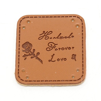 Leather Iron on/Sew on Patches, Costume Accessories, Appliques, for Backpacks, Clothes, Rectangle with Rose & Word Pattern, Chocolate, 41x35x1.5mm, Hole: 1.4mm