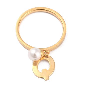 Dual-use Items, 304 Stainless Steel Finger Rings or Pendants, with Plastic Round Beads, Golden, White, Letter.Q, US Size 5~9(15.7~18.9mm)