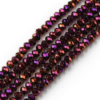 Electroplate Glass Beads Strands, Full Plated, Faceted, Rondelle, Purple Plated, 2~2.3x1.7~1.9mm, Hole: 0.3mm, about 208~214pcs/strand, 14.06~14.33''(35.7~36.4cm)