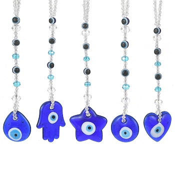 Handmade Evil Eye Lampwork Pendant Decoration, with Glass Beads and Zinc Alloy Lobster Claw Clasps, Teardrop/Star/Heart/Flat Round/Hamsa Hand, Blue, 242mm