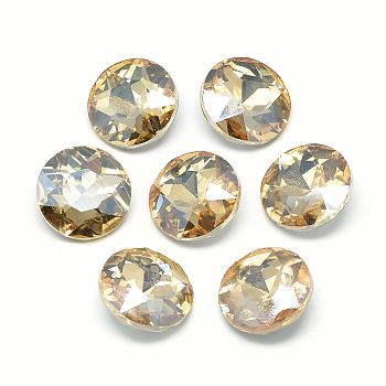 Pointed Back Glass Rhinestone Cabochons, Back Plated, Faceted, Flat Round, Pale Goldenrod, 14x5.8mm