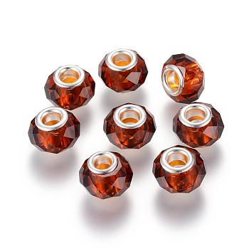 Handmade Glass European Beads, Large Hole Beads, Silver Color Brass Core, Saddle Brown, 14x8mm, Hole: 5mm