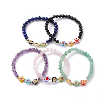 Natural Mixed Gemstone Beaded Bracelets, with Handmade Millefiori Glass Bead, Mixed Color, Inner Diameter: 2-1/2 inch(6.3cm)