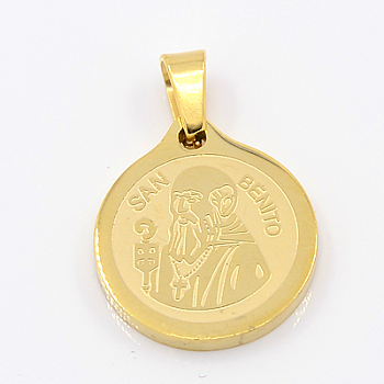 Fashionable 304 Stainless Steel Pendants, Flat Round with San Benito, Golden, 20x18x2mm, Hole: 3x5mm