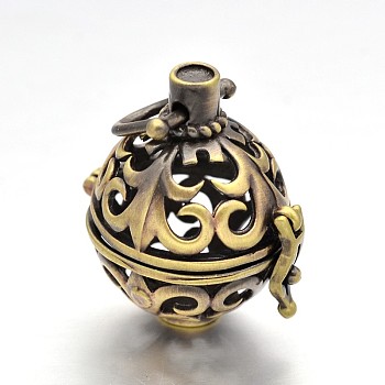 Round Brass Hollow Cage Pendants, For Chime Ball Pendant Necklaces Making, Lead Free & Cadmium Free, Brushed Antique Bronze, 27x24x20mm, Hole: 6x5mm, inner: 18mm