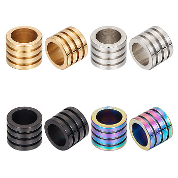 16Pcs 4 Colors 304 Stainless Steel Beads, Large Hole Beads, Grooved, Column, Mixed Color, 10x8mm, Hole: 7mm, 4pcs/color