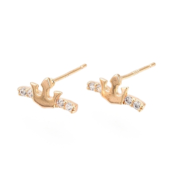 Clear Cubic Zirconia Crown Stud Earrings, Brass Jewelry for Women, Nickel Free, Real 18K Gold Plated, 12x6mm, Pin: 0.7mm