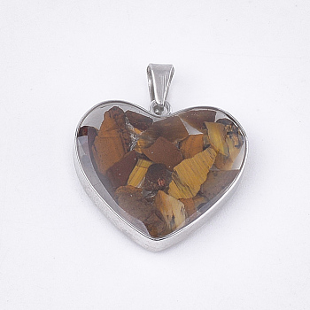 Natural Tiger Eye Pendants, with Glass and 304 Stainless Steel Findings, Heart, Stainless Steel Color, 19x21x6mm, Hole: 3x5.5mm