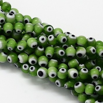 Handmade Evil Eye Lampwork Round Bead Strands, Olive Drab, 10mm, Hole: 1mm, about 39pcs/strand, 14.96 inch