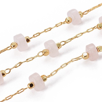 3.28 Feet Handmade Natural Rose Quartz Beaded Chains, with Brass Chains, Long-Lasting Plated, Soldered, Golden, 5.5~6mm, Llink: 5.5~6x4~4.5mm and 2x1x0.2mm