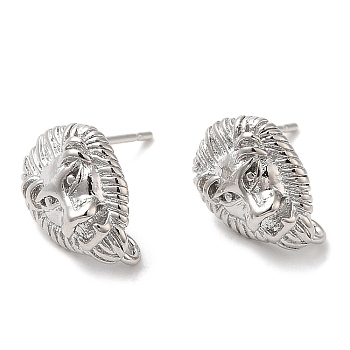 Brass Stud Earring Findings, with Vertical Loop, Lion, Real Platinum Plated, 12x9mm, Hole: 1.2mm, Pin: 0.7mm