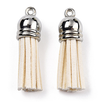 Faux Suede Tassel Pendant Decorations, with CCB Plastic Cord Ends, Platinum, Blanched Almond, 33~35x10mm, Hole: 2.5mm