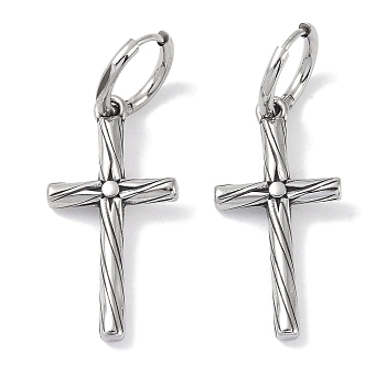 316 Surgical Stainless Steel Cross Hoop Earrings for Women, Antique Silver, 34x17mm