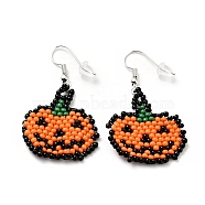 Glass Seed Braided Jack-O-Lantern Dangle Earrings, Alloy Wire Wrap Halloween Earrings for Women, Orange, 44mm, Pin: 0.6mm(EJEW-B012-08)